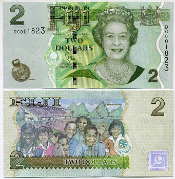 Фиджи 2 доллара ND (2011) Елизавета II (1952-2022), дети, стадион Сува, горы Коробас Pick 109 b бумага UNC (пресс) 449-28-2-1