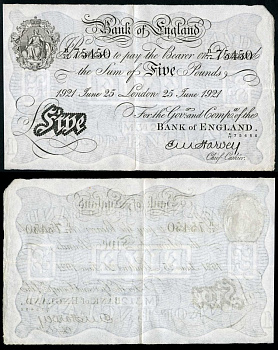 Англия 5 фунтов 1921 Лондон, 25 июня, № 75450 Pick 312a бумага aUNC 000-00-00