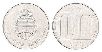 Аргентина 100 аустралей 1990 KM 103 алюминий aUNC 4664-212