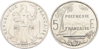 Французская Полинезия 5 франков 2000 KM 12 алюминий 4131-943