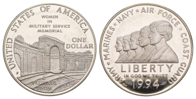 США 1 доллар 1994 P, Мемориал женщинам на военной службе KM 252 серебро PROOF 11-263-11
