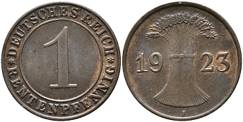 Германия 1 рентенпфенниг 1923 F цена по каталогу МТ 80 евро J 306, KM 30 бронза UNC 413-2214