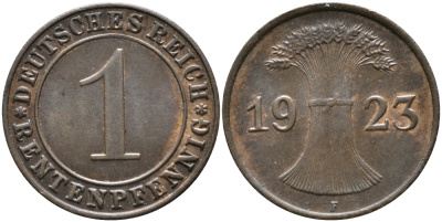 Германия 1 рентенпфенниг 1923 F цена по каталогу МТ 80 евро J 306, KM 30 бронза UNC 413-2214
