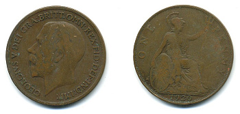 Великобритания 1 пенни 1920 Георг V (1910-1936) КМ 810, Spink 4051 бронза 4110-225
