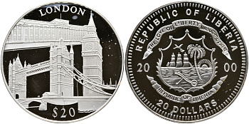 Либерия 20 долларов 2000 серия памятники архитектуры, Лондон KM 639 серебро PROOF 00-00