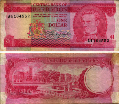 БАРБАДОС 1 ДОЛЛАР 1973 САМУЭЛЬ ДЖЕКМЕН ПРЕСКОД, TDLR, ТРАФАЛЬГАРСКАЯ ПЛОЩАДЬ В БРИДЖТАУНЕ Pick 29а бумага 8604-48-1-2