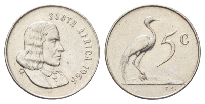 ЮАР 5 центов 1966 Ян ван Рибек (1619-1677), South Africa, легенда на англинском, райский журавль KM 67.1 медно-никель 4696-947
