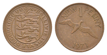 Гернси 1 новый пенни 1971 Елизавета II (1952-2022), северная олуша в полете KM 21 бронза 4655-936