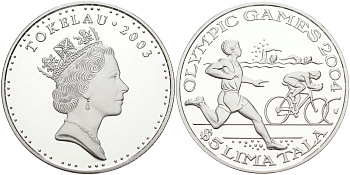 Токелау 5 тала 2003 XXVIII летние Олимпийские игры 2004 года в Афинах KM NEW серебро PROOF 1074-9-13