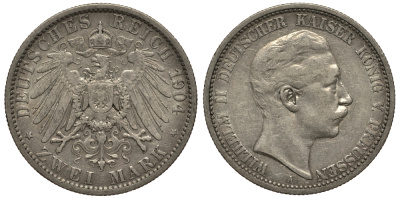 Пруссия 2 марки 1904 A, Вильгельм II (1888-1918) J.102, Weege 101, KM 522 серебро 3711-733