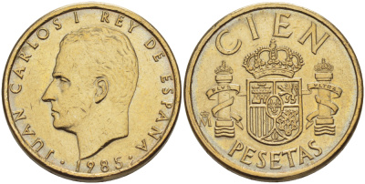 ИСПАНИЯ 100 ПЕСЕТ 1985 ХУАН КАРЛОС I ( 1975-) KM 826 алюминиевая бронза 4185-832