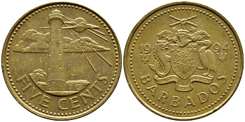 Барбадос 5 центов 1994 маяк Саут-Пойнт KM 11 латунь 4398-544