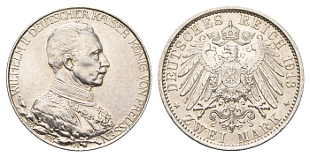 Пруссия 2 марки 1913 25 лет правлению Вильгельма II KM 533, J. 111 серебро aUNC 1529-1341