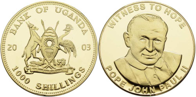 Уганда 1000 шиллингов 2003 папа Иоанн Павел II, "witness to hope", свидетель надежды, серебрение KM 240 латунь  PROOF 1088-4-51