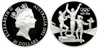 Австралия набор из 3 монет - 200 долларов и 2 по 20 долларов 1993 100 лет Олимпийскому движению KM 218, 219, 220 золото, серебро PROOF 4-3-4-16