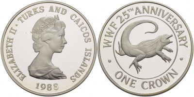 Теркс и Кайкос 1 крона 1988 серия 25 лет защиты окружающей среды, игуана КМ 64 a серебро PROOF 00-000-00