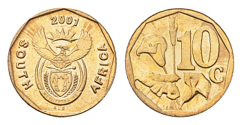 ЮАР 10 центов 2001 герб, цветок алоэ KM 224 сталь плакированная бронзой UNC 4694-815