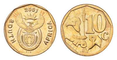 ЮАР 10 центов 2001 герб, цветок алоэ KM 224 сталь плакированная бронзой UNC 4694-815