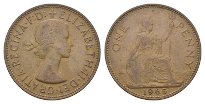 Великобритания 1 пенни 1965 Елизавета II (1952-2022) KM 897, Spink 4157 бронза 4661-926