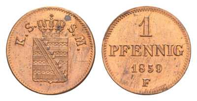 Саксония 1 пфенниг 1859 F KM 1184 медь UNC 1526-1021