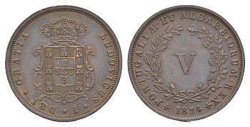 Португалия 5 реалов 1874 Луиш I (1861-1889) KM 513 медь 4127-644