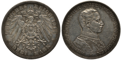 Пруссия 3 марки 1914 Вильгельм II (1888-1918) в мундире KM 538, J.113 серебро 3711-625