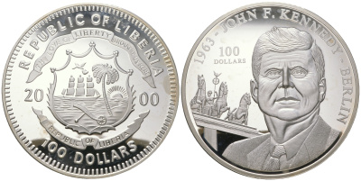 Либерия 100 долларов 2000 Джон Кеннеди, историческая речь в Берлине в 1963 году, Бранденбургские ворота, диаметр 80 мм., вес  250 грамм  серебро  PROOF  11-169-22-1