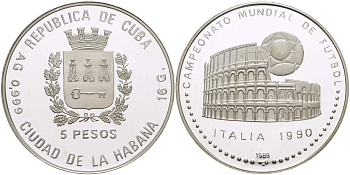 Куба 5 песо 1989 чемпионат мира по футболу в Италии 1990 года, Колизей KM 226.1 серебро PROOF 1069-10-34