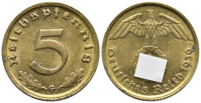 ГЕРМАНИЯ 5 РЕЙХСПФЕННИГОВ 1939 G KM 91, J. 363 алюминиевая бронза 39-436