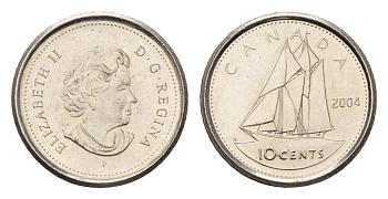 Канада 10 центов 2004 P, Елизавета II (1952-2022), парусник KM 492 сталь плакированная никелем UNC 4689-623