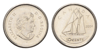 Канада 10 центов 2004 P, Елизавета II (1952-2022), парусник KM 492 сталь плакированная никелем UNC 4689-623