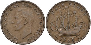 Великобритания 1/2 пенни 1948 Георг VI (1936-1952) KM 844, Spink 4115 бронза 4146-242