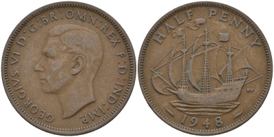 Великобритания 1/2 пенни 1948 Георг VI (1936-1952) KM 844, Spink 4115 бронза 4146-242
