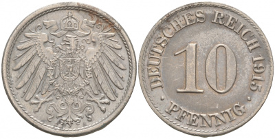 ГЕРМАНИЯ 10 ПФЕННИГОВ 1915 A J. 13, KM 12 медно-никель 73-1441