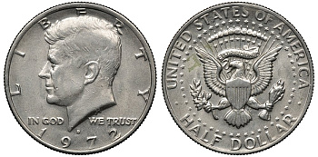 США 1/2 доллара (50 центов) 1972 D, Джон Кеннеди KM 202b медь плакированная медно-никелем 4680-1022