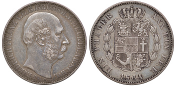 Мекленбург-Шверин 1 талер 1864 A, Фридрих Франц II (1842-1883) KM A310, Thun 215, Dav. 728, AKS 38, Jaeger 58 серебро 00-822-09