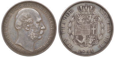 Мекленбург-Шверин 1 талер 1864 A, Фридрих Франц II (1842-1883) KM A310, Thun 215, Dav. 728, AKS 38, Jaeger 58 серебро 00-822-09