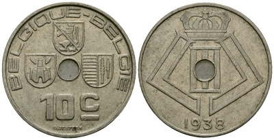 Бельгия 10 сантимов 1938 Belgique - Belgie KM 112 никель латунь 4121-243