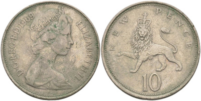 Великобритания 10 пенсов 1969 Елизавета II (1952-2022) KM 912, Spink 4231 (F1) медно-никель 4117-916