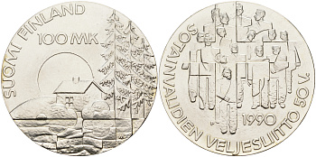 Финляндия 100 марок 1990 50 лет ассоциации ветеранов войны KM 67 серебро UNC 1525-1344