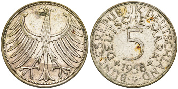 ФРГ 5 марок 1958 G KM 112.1 серебро 4574-432