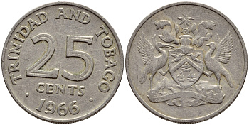 Тринидад и Тобаго 25 центов 1966 герб KM 4 медно-никель 4396-634