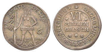 Брауншвейг-Каленберг-Ганновер 6 мариенгрошей 1704 дикарь, Георг I (1698-1727), из коллекции Ричарда Б. Смита KM 11, Welter 2179 серебро 1525-421