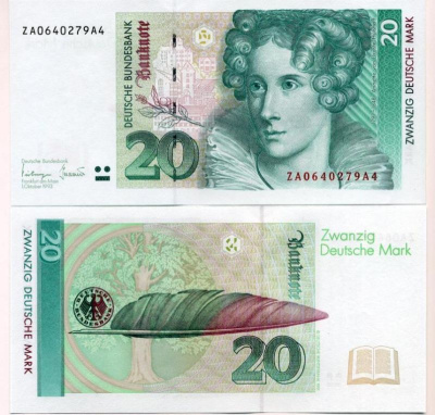 ФРГ 20 марок 1993 замещённая серия ZА,  Pick 39 b, Розенберг 304 b бумага UNC (пресс) 450-38-1