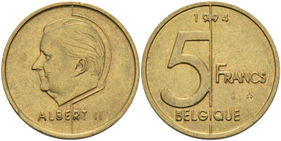 Бельгия 5 франков 1994 Belgique KM 189 алюминиевая бронза 4126-315