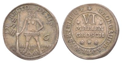 Брауншвейг-Каленберг-Ганновер 6 мариенгрошей 1704 дикарь, Георг I (1698-1727), из коллекции Ричарда Б. Смита KM 11, Welter 2179 серебро 1525-421