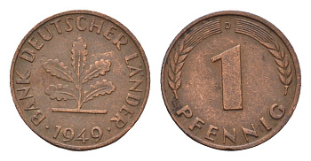 ФРГ 1 пфенниг 1949 D KM A101, J. 376 сталь плакированная медью 4685-336