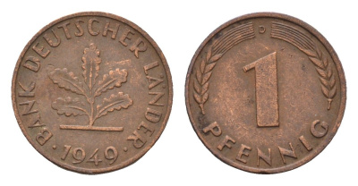 ФРГ 1 пфенниг 1949 D KM A101, J. 376 сталь плакированная медью 4685-336
