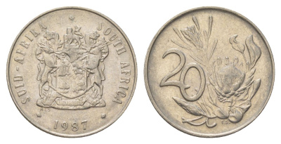 ЮАР 20 центов 1987 герб, цветок протея KM 86 никель 4626-811