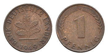 ФРГ 1 пфенниг 1949 D KM A101, J. 376 сталь плакированная медью 4685-337